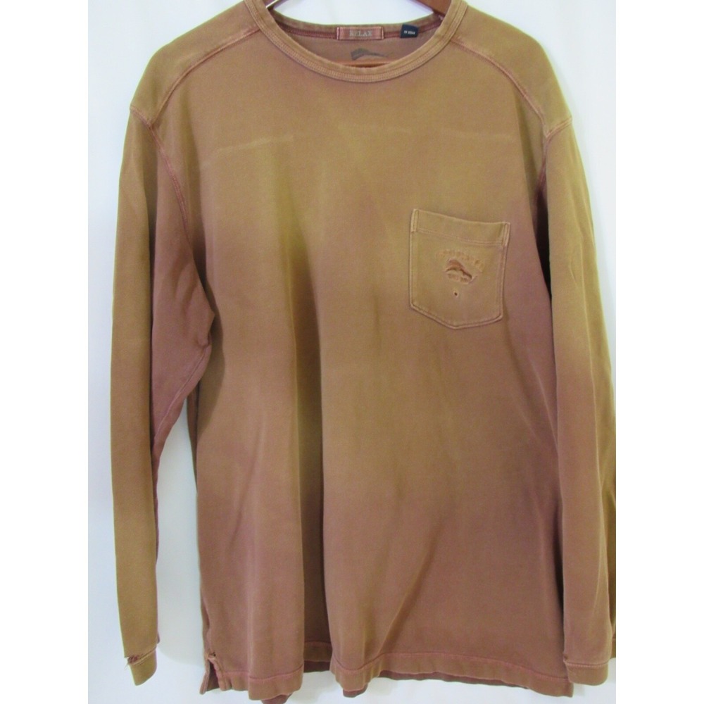 Tommy Bahama Two Tone Brown Long Sleeve Cotton‎ Crew Neck Distressed Shirt Sz XL